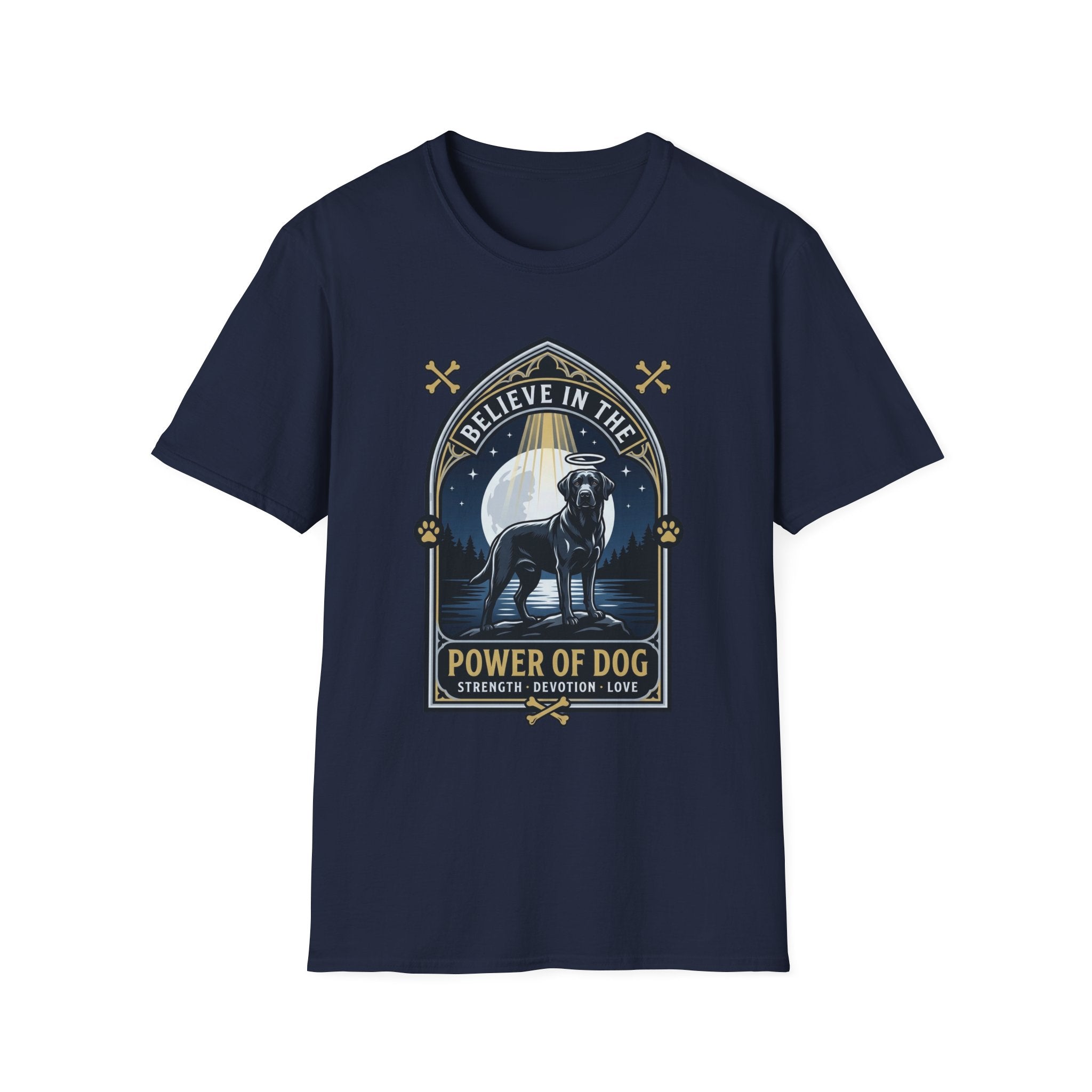 Believe in the Power of Dog Black Lab T-Shirt in navy, flat lay view showing a gothic arch-framed graphic of a halo-wearing black Labrador standing under a full moon with a starry night sky, paw prints, crossed bones, and the words 'Strength Devotion Love'.