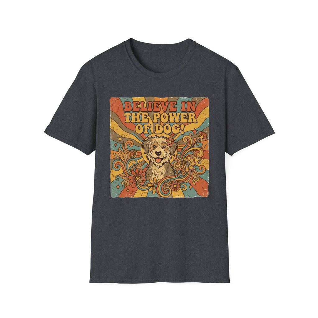 Believe in the Power of Dog Retro T-Shirt flat lay in heather dark gray, featuring a vintage 70s-style graphic of a fluffy dog face surrounded by swirling florals and rainbow rays with groovy lettering.