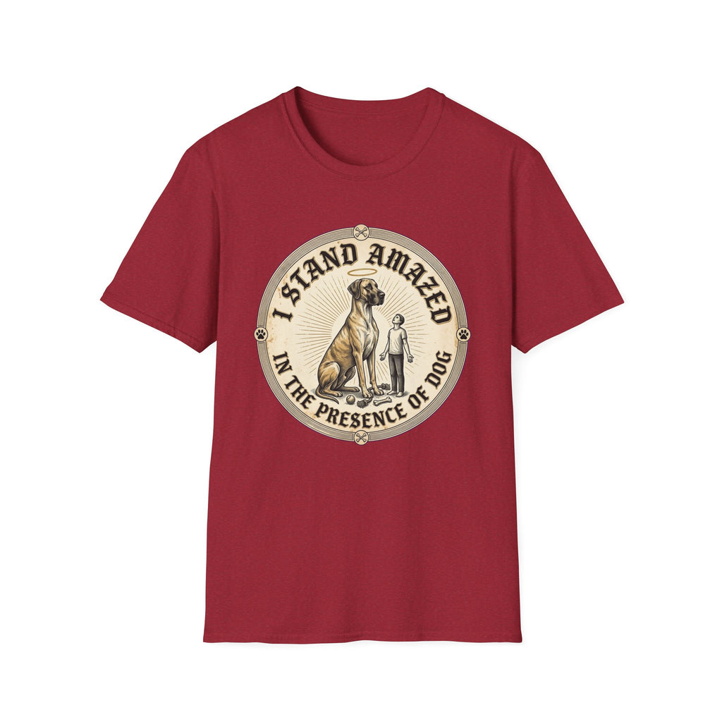 I Stand Amazed Great Dane T-Shirt flat lay in cardinal red, featuring a circular vintage-style graphic of a towering Great Dane with a halo and a small human figure, with text "I Stand Amazed in the Presence of Dog."