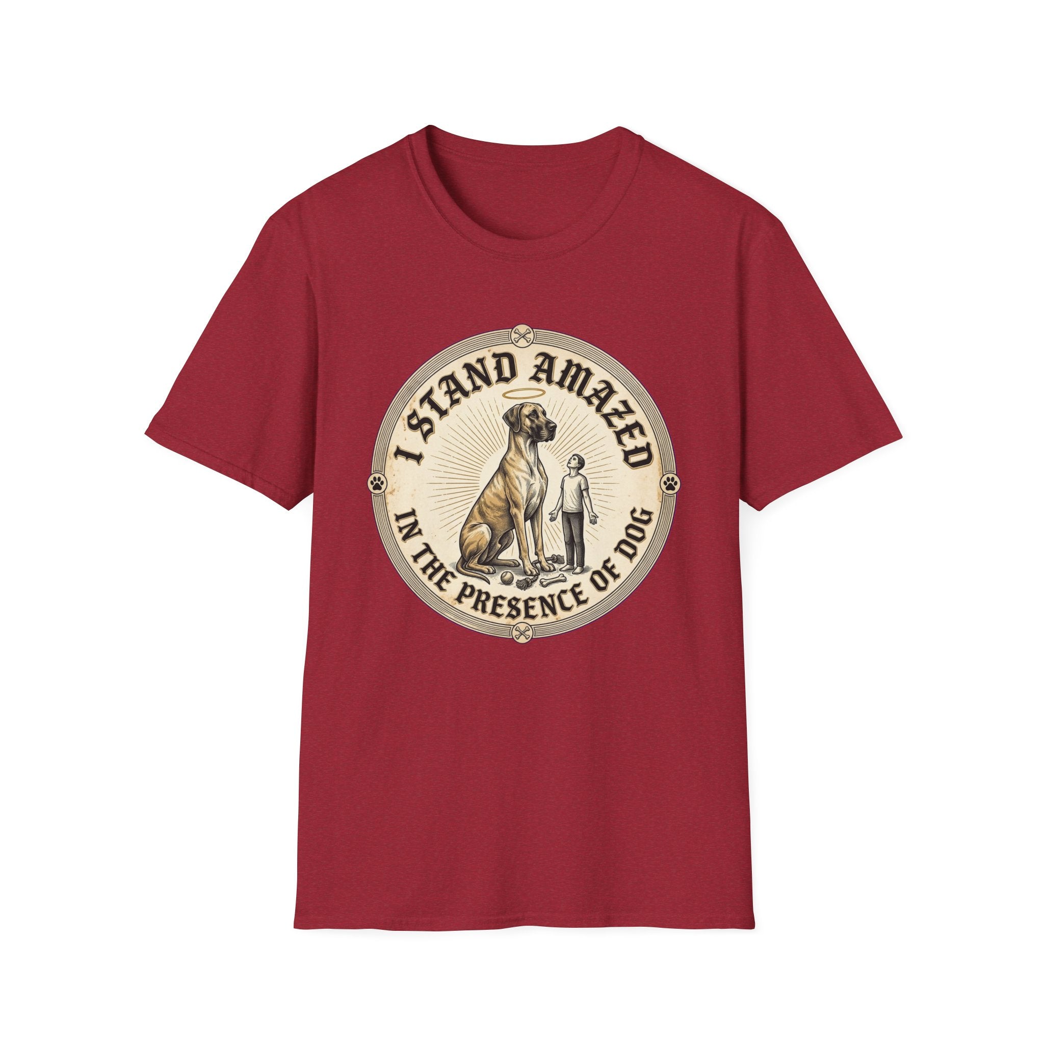 I Stand Amazed Great Dane T-Shirt flat lay in cardinal red, featuring a circular vintage-style graphic of a towering Great Dane with a halo and a small human figure, with text "I Stand Amazed in the Presence of Dog."