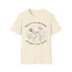 Rejoice in the Dog Vizsla T-Shirt in natural cream, flat lay mockup showing a woman joyfully dancing with a slender Vizsla line-art illustration and the text 'Rejoice in the Dog Always, and again I say rejoice!'