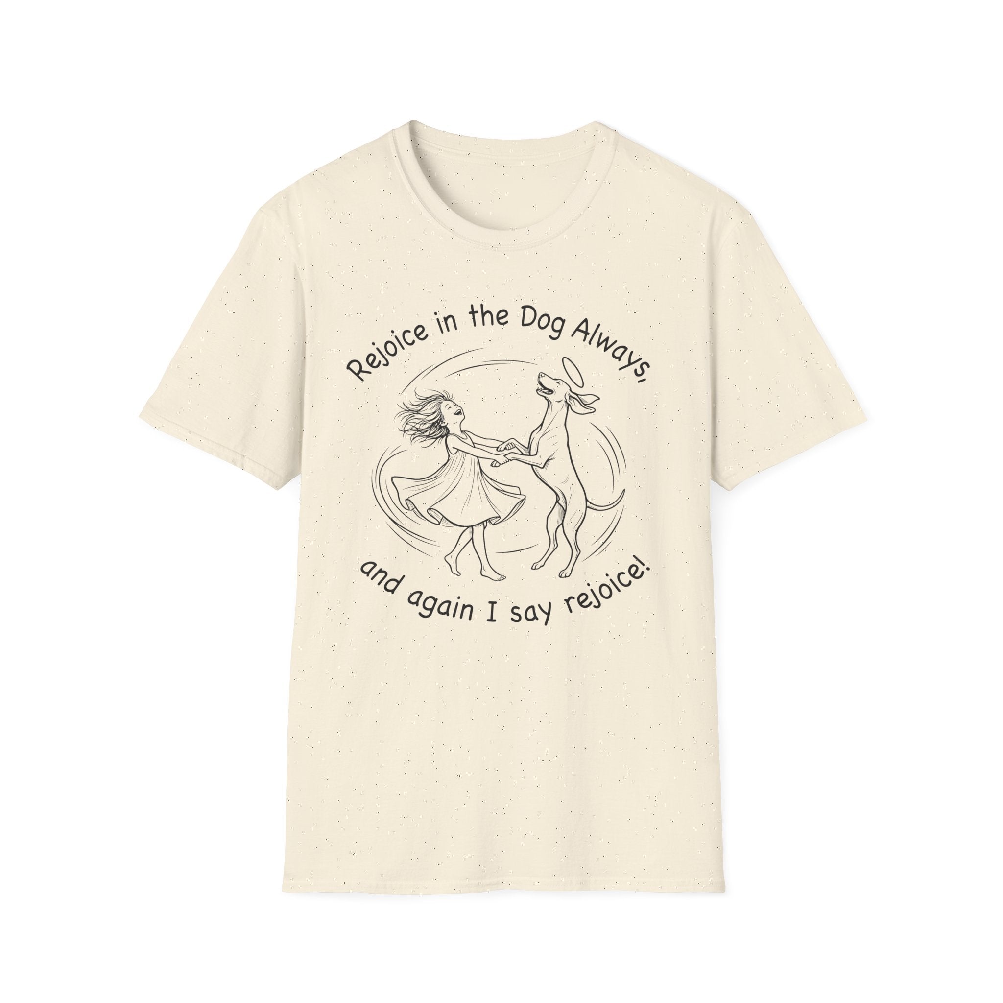 Rejoice in the Dog Vizsla T-Shirt in natural cream, flat lay mockup showing a woman joyfully dancing with a slender Vizsla line-art illustration and the text 'Rejoice in the Dog Always, and again I say rejoice!'