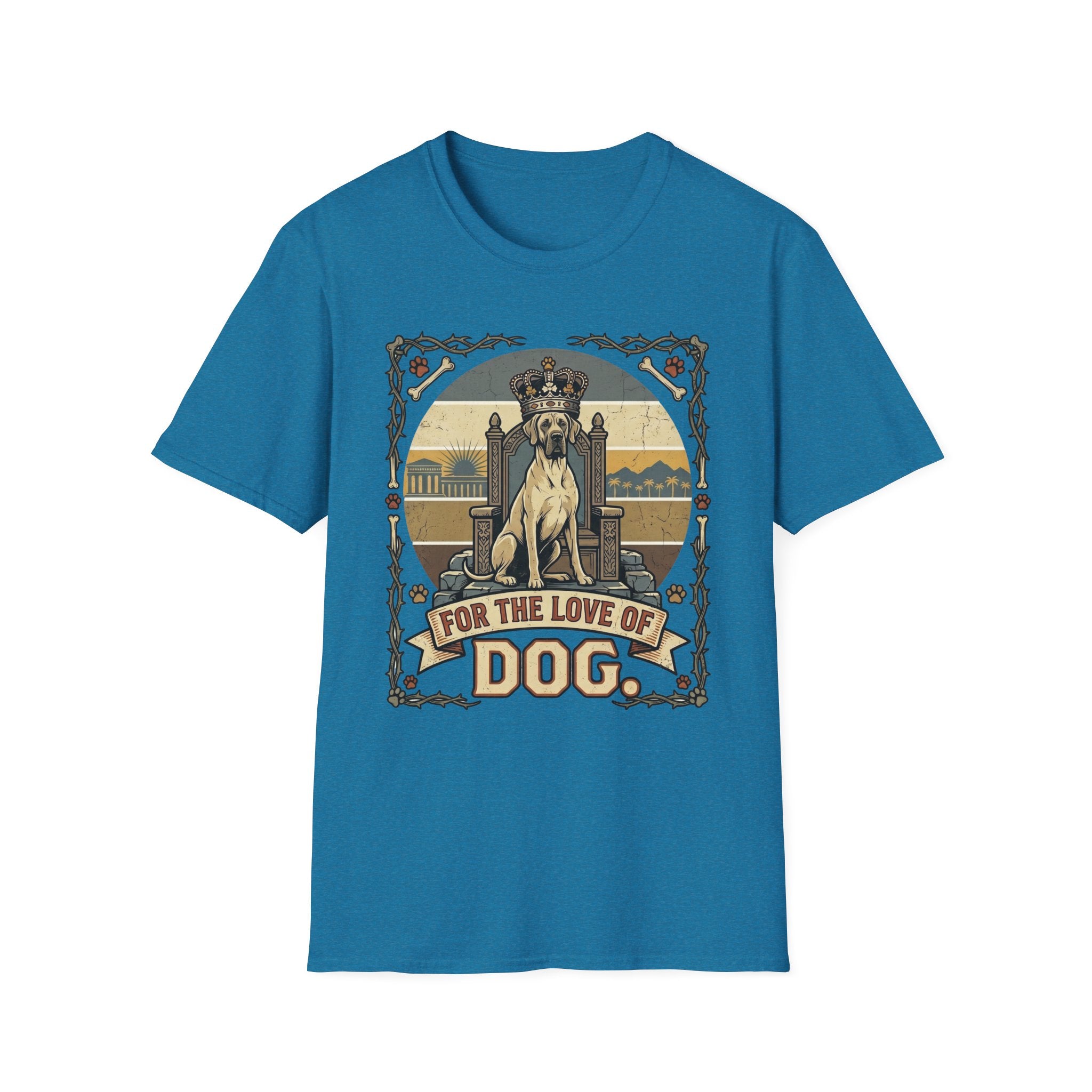 For the Love of Dog Great Dane T-Shirt flat lay in sapphire blue featuring a crowned Great Dane seated on a throne in a vintage illustration with an ornate thorn and bone border, "For the Love of Dog" banner below.