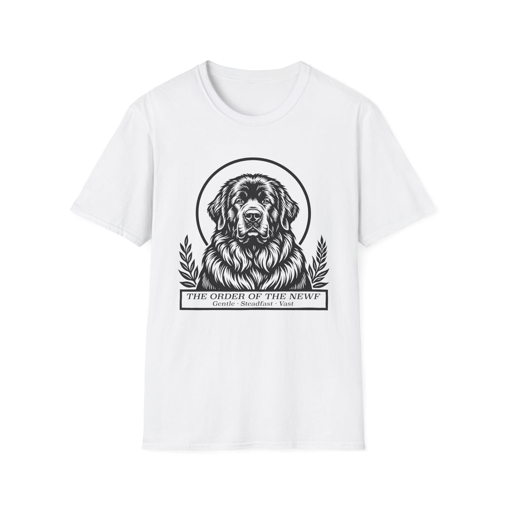Holy Orders | Newfoundland T-Shirt flat lay on black shirt featuring a stained glass style illustration of a Newfoundland depicted as a holy figure with a golden halo and the text 'Holy Orders.'