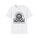 Holy Orders | Newfoundland T-Shirt flat lay on black shirt featuring a stained glass style illustration of a Newfoundland depicted as a holy figure with a golden halo and the text 'Holy Orders.'