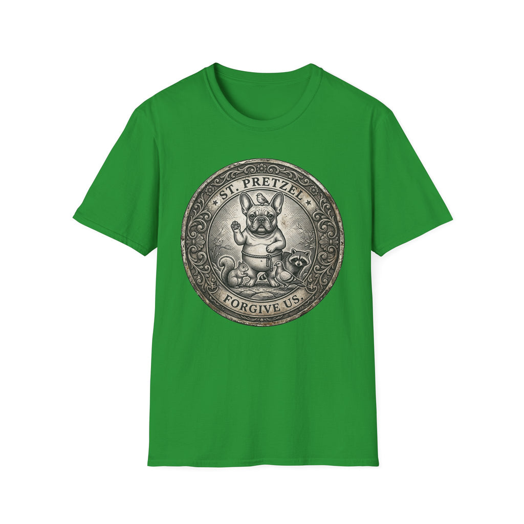 Saint Pretzel Forgive Us T-Shirt flat lay on bright green shirt featuring an engraved medallion design with a French Bulldog saint and the text St. Pretzel Forgive Us.