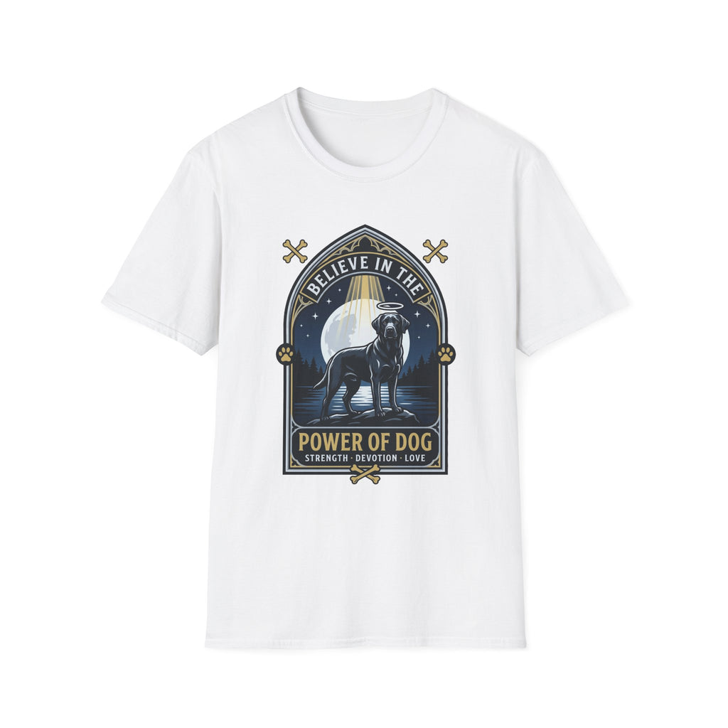 Believe in the Power of Dog Black Lab T-Shirt in white, flat lay view showing a gothic arch-framed graphic of a halo-wearing black Labrador standing under a full moon with a starry night sky, paw prints, crossed bones, and the words 'Strength Devotion Love'.