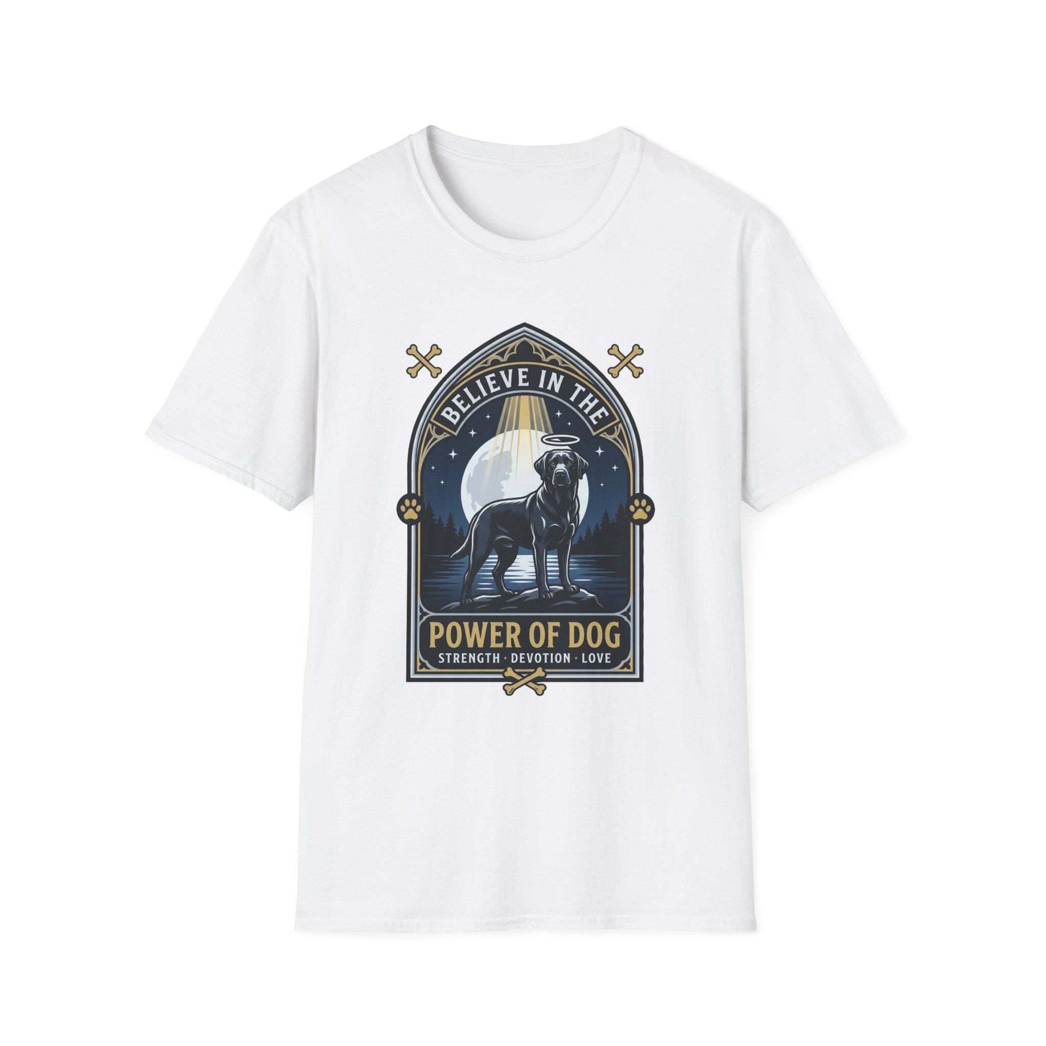 Believe in the Power of Dog Black Lab T-Shirt in white, flat lay view showing a gothic arch-framed graphic of a halo-wearing black Labrador standing under a full moon with a starry night sky, paw prints, crossed bones, and the words 'Strength Devotion Love'.