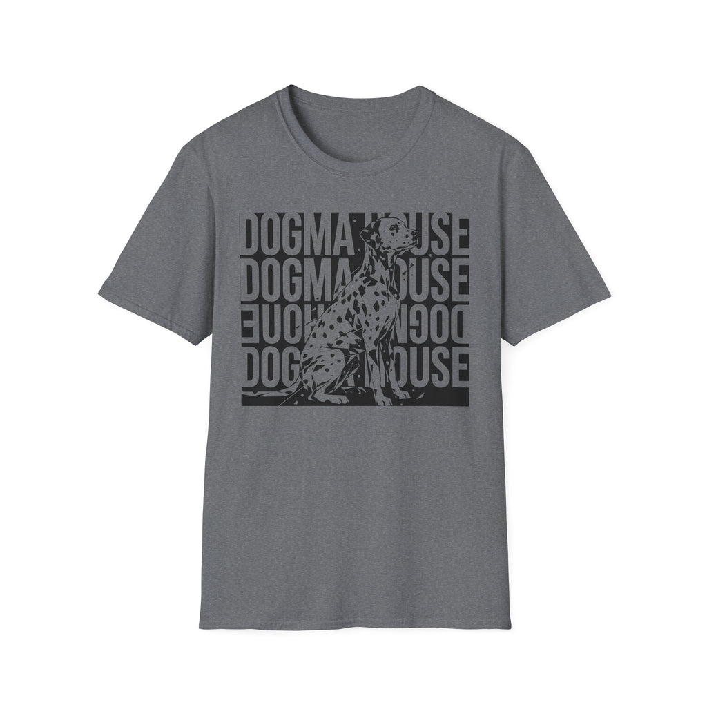 Dogma House Dalmatian T-Shirt flat lay in dark heather gray, featuring a tonal dark graphic of a seated Dalmatian overlaid on a repeating 'Dogma House' text block in a street-art style.