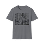 Dogma House Dalmatian T-Shirt flat lay in dark heather gray, featuring a tonal dark graphic of a seated Dalmatian overlaid on a repeating 'Dogma House' text block in a street-art style.