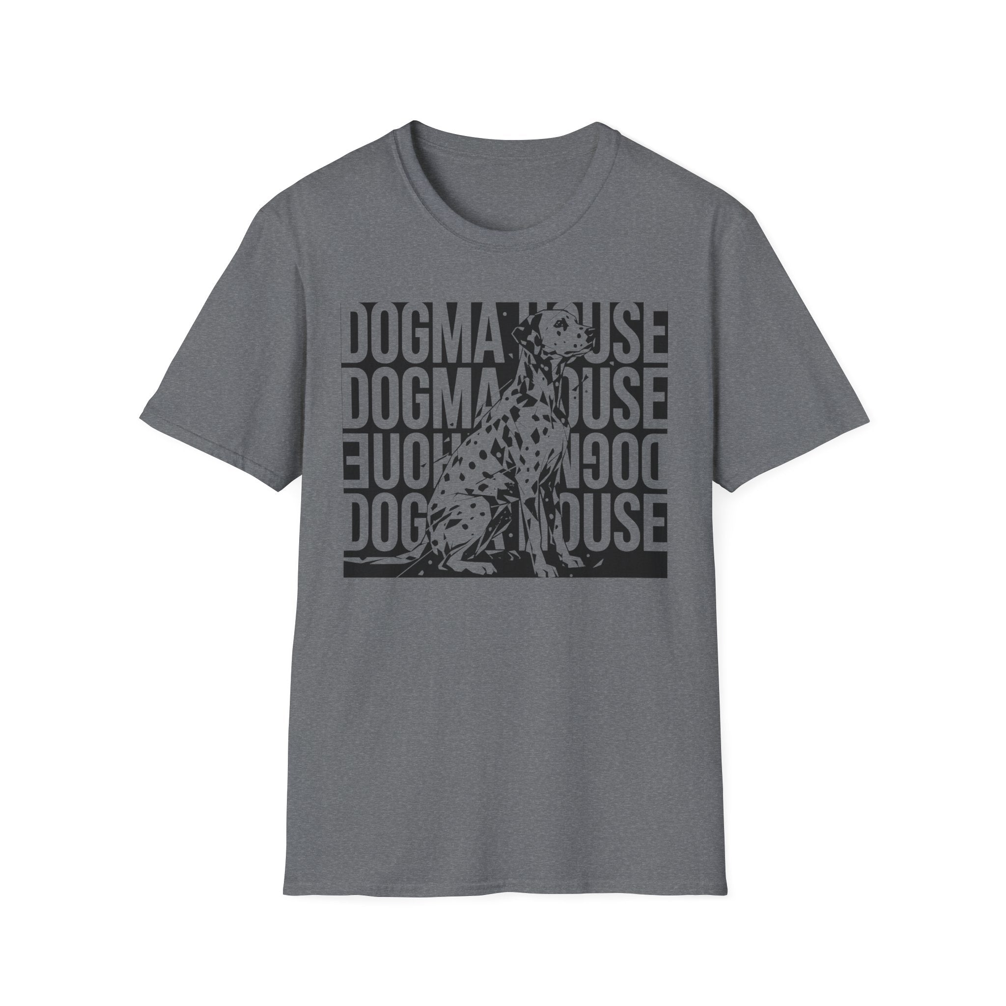 Dogma House Dalmatian T-Shirt flat lay in dark heather gray, featuring a tonal dark graphic of a seated Dalmatian overlaid on a repeating 'Dogma House' text block in a street-art style.