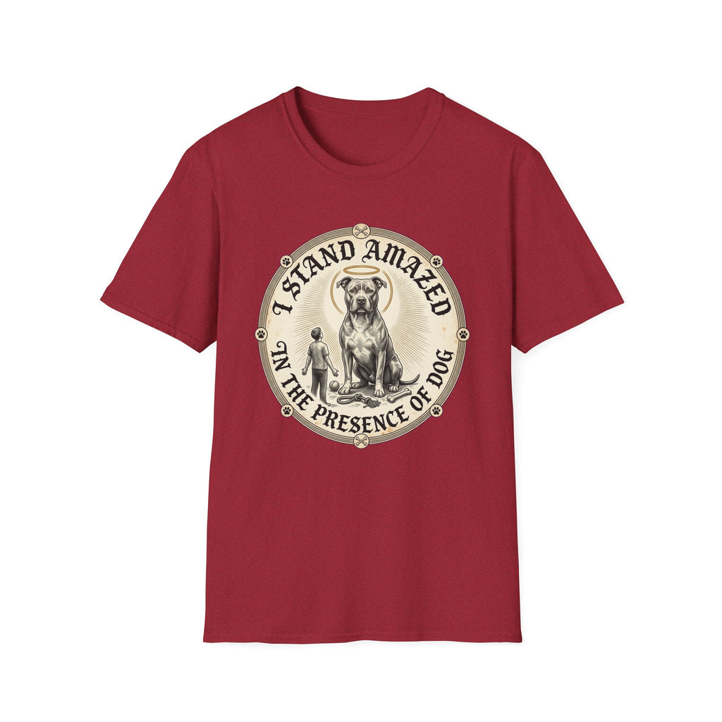 I Stand Amazed Pitbull T-Shirt in cardinal red, flat lay front view showing a vintage-style circular graphic of a pitbull with a halo seated above a small human figure, with the text 'I Stand Amazed in the Presence of Dog.'