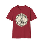 I Stand Amazed Golden Doodle T-Shirt flat lay in cardinal red, featuring a circular vintage-style graphic of a large dog with a halo and the text "I Stand Amazed in the Presence of Dog."