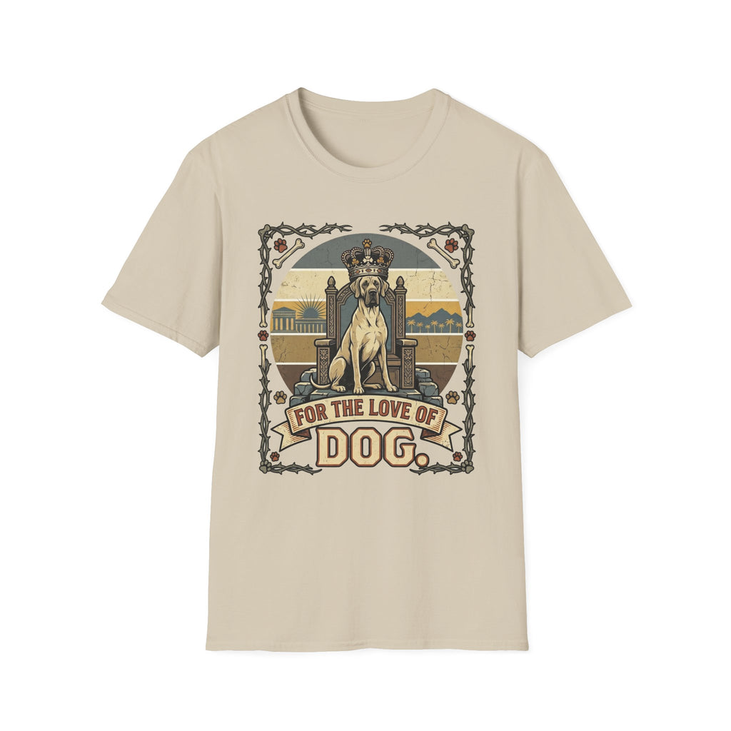 For the Love of Dog Great Dane T-Shirt flat lay in natural/cream featuring a crowned Great Dane seated on a throne in a vintage illustration with an ornate thorn and bone border, "For the Love of Dog" banner below.