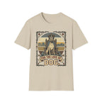 For the Love of Dog Great Dane T-Shirt flat lay in natural/cream featuring a crowned Great Dane seated on a throne in a vintage illustration with an ornate thorn and bone border, "For the Love of Dog" banner below.