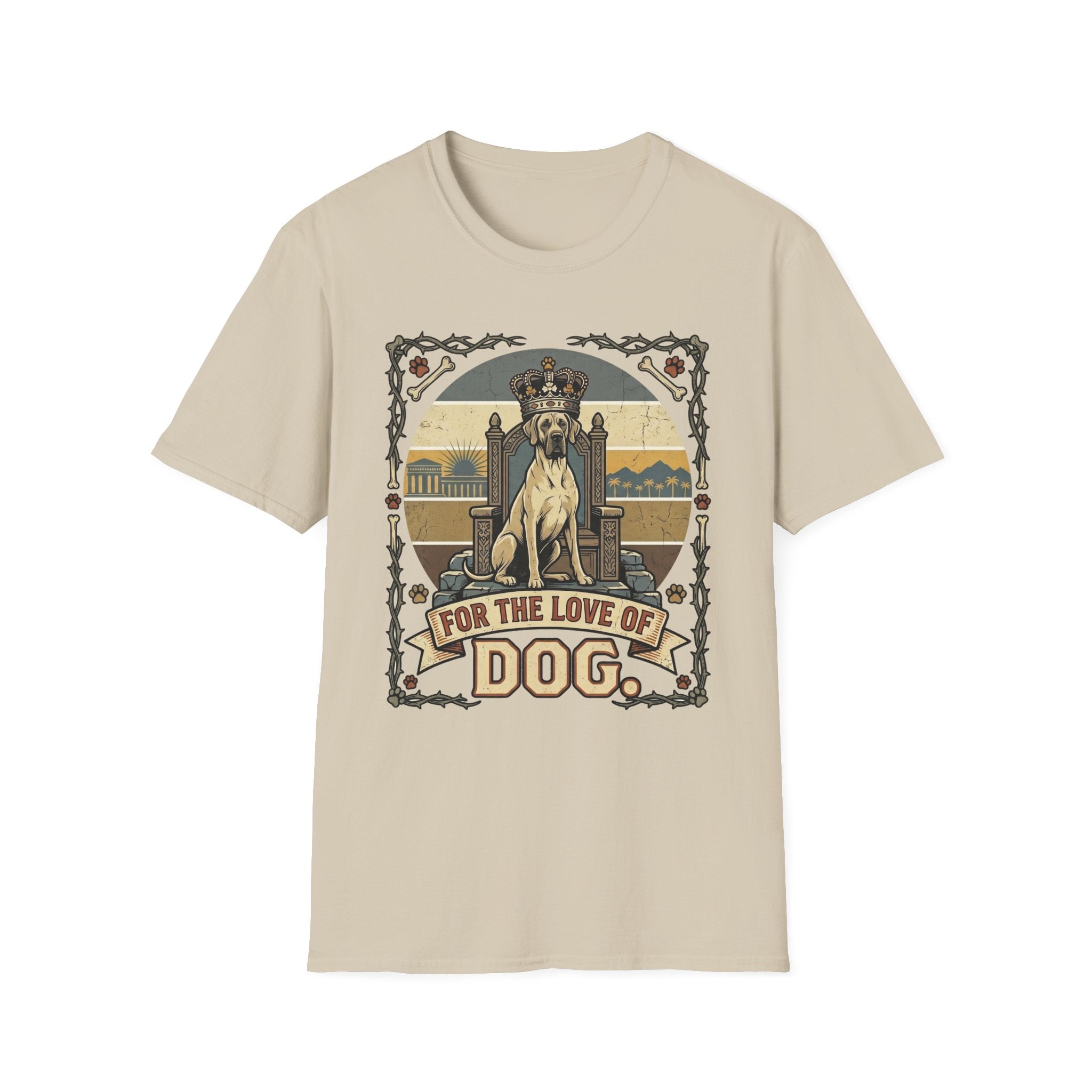 For the Love of Dog Great Dane T-Shirt flat lay in natural/cream featuring a crowned Great Dane seated on a throne in a vintage illustration with an ornate thorn and bone border, "For the Love of Dog" banner below.