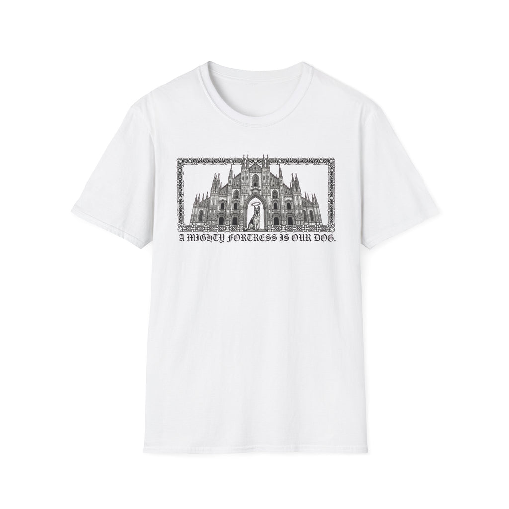 A Mighty Fortress is Our Dog T-Shirt flat lay in white featuring a detailed gothic cathedral illustration with a dog standing in the doorway, framed in an ornate border with text below.