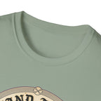 I Stand Amazed Great Dane T-Shirt close-up of the neckline on a sage green shirt, showing the top arc of the circular Great Dane graphic.
