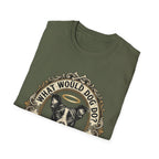 What Would Dog Do T-Shirt folded flat lay on military green shirt showing the halo-wearing pit bull and What Would Dog Do? ornate frame design.