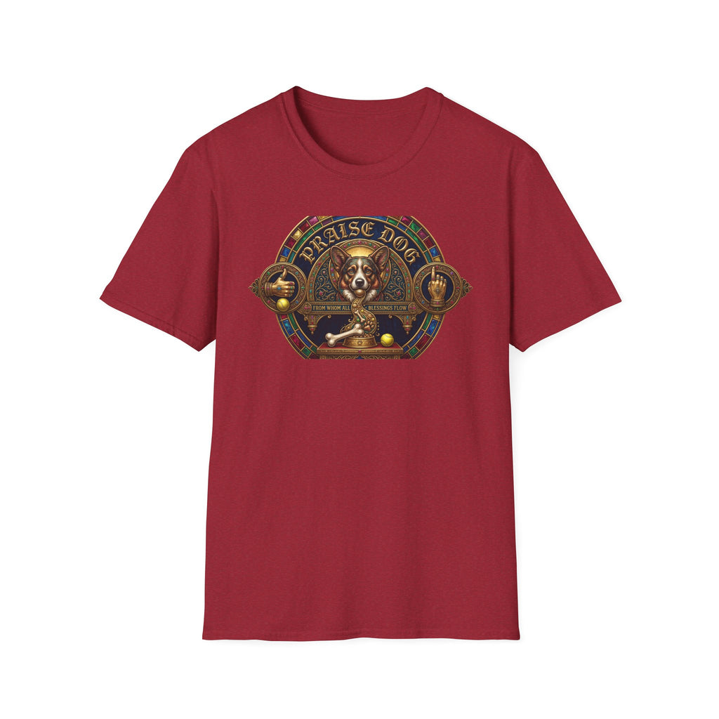 Praise Dog From Whom All Blessings Flow Corgi T-Shirt flat lay in cardinal red, featuring an ornate medieval stained-glass style graphic of a regal corgi seated in a jewel-encrusted octagonal frame with gold gothic lettering and dog bone and tennis ball accents.
