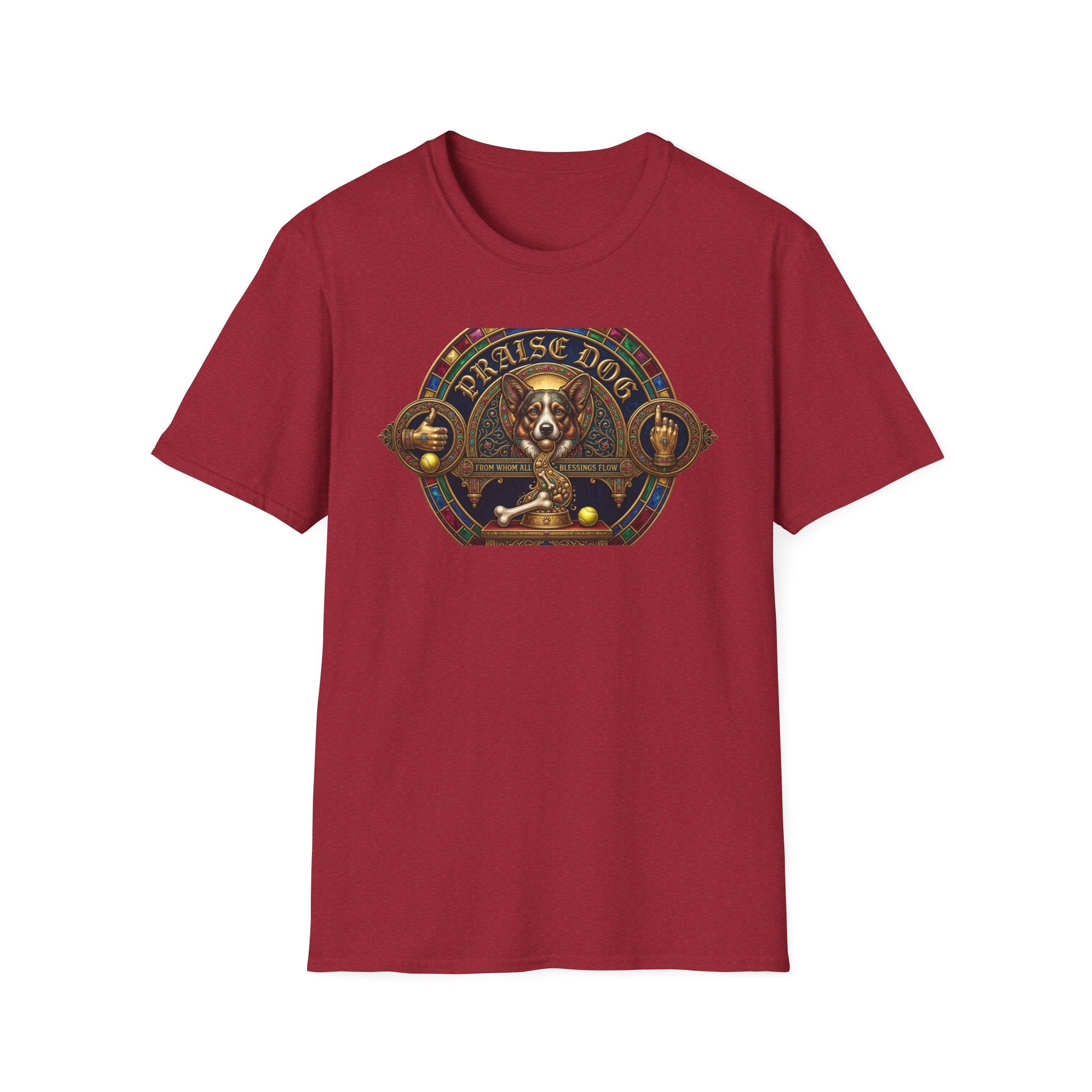 Praise Dog From Whom All Blessings Flow Corgi T-Shirt flat lay in cardinal red, featuring an ornate medieval stained-glass style graphic of a regal corgi seated in a jewel-encrusted octagonal frame with gold gothic lettering and dog bone and tennis ball accents.