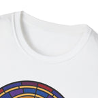 Let Go Let Dog Poodle T-Shirt, close-up detail of stained-glass style arch design on white tee showing colorful mosaic border.