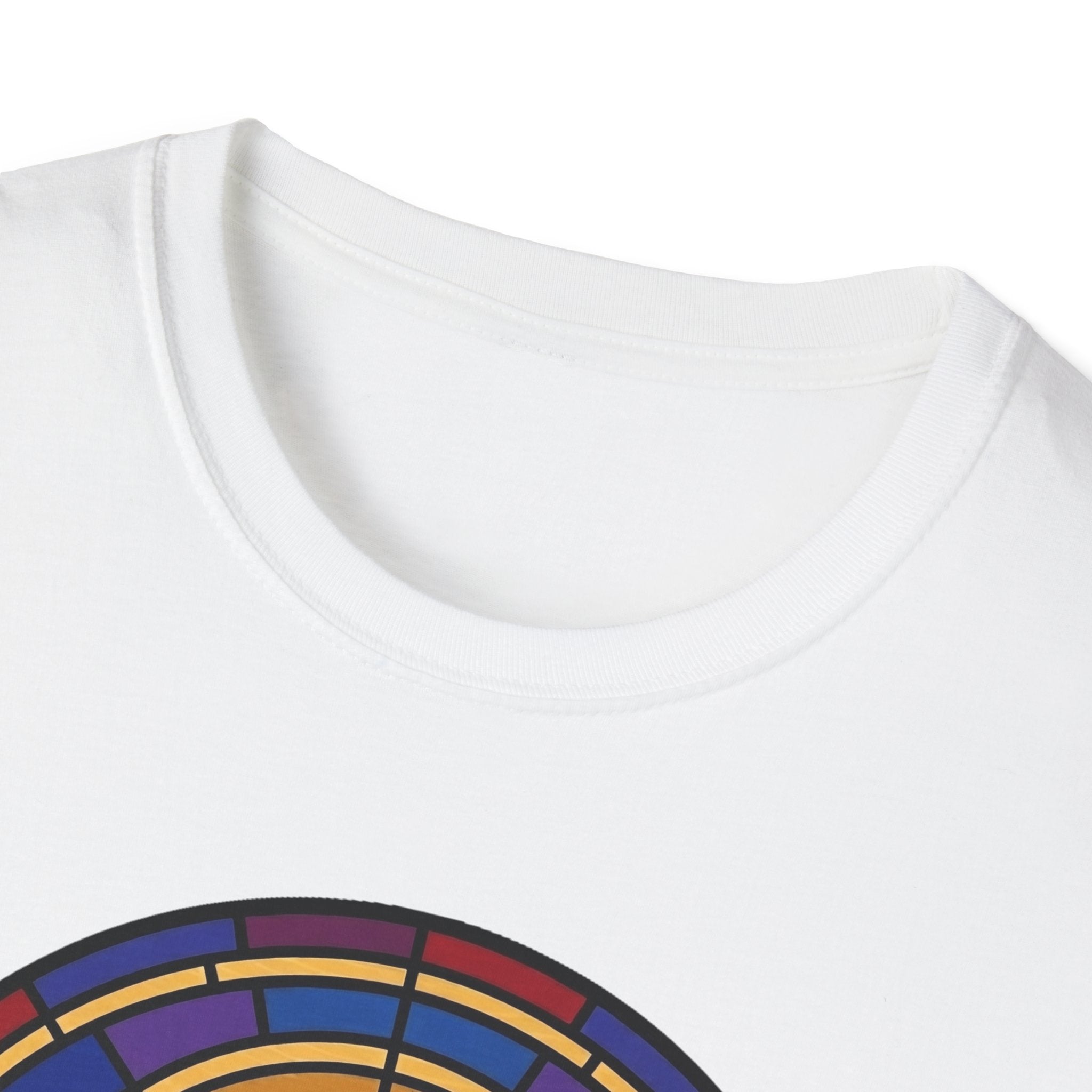 Let Go Let Dog Poodle T-Shirt, close-up detail of stained-glass style arch design on white tee showing colorful mosaic border.