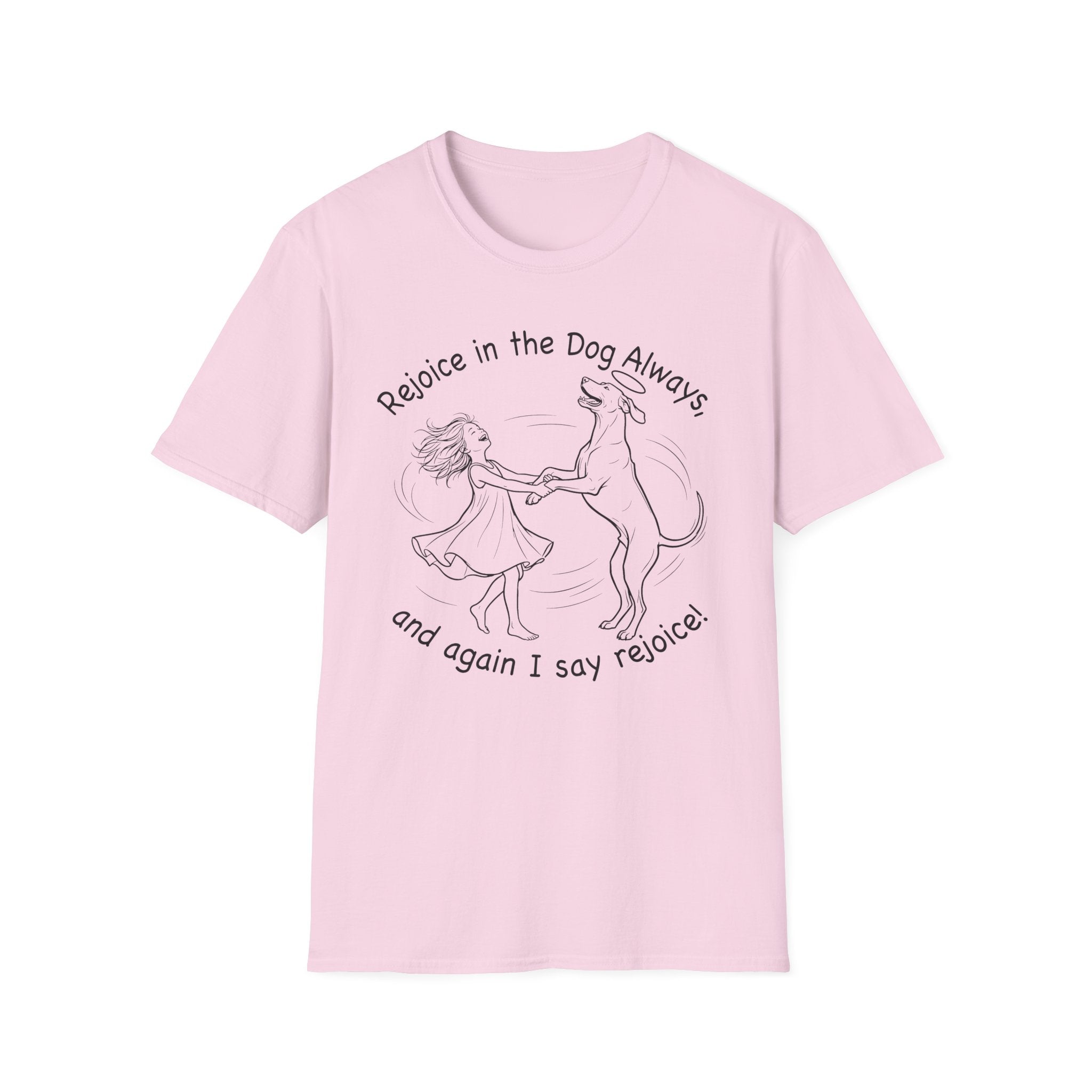 Rejoice in the Dog Rhodesian Ridgeback T-Shirt in light pink, flat lay mockup showing a woman joyfully dancing with a rearing Rhodesian Ridgeback line-art illustration and the text 'Rejoice in the Dog Always, and again I say rejoice!'