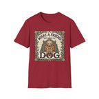 What a Friend We Have in Dog T-Shirt flat lay, cardinal red shirt featuring a vintage botanical-framed graphic of a golden retriever with a halo seated before a cathedral archway with the text 'What a Friend We Have in Dog.'
