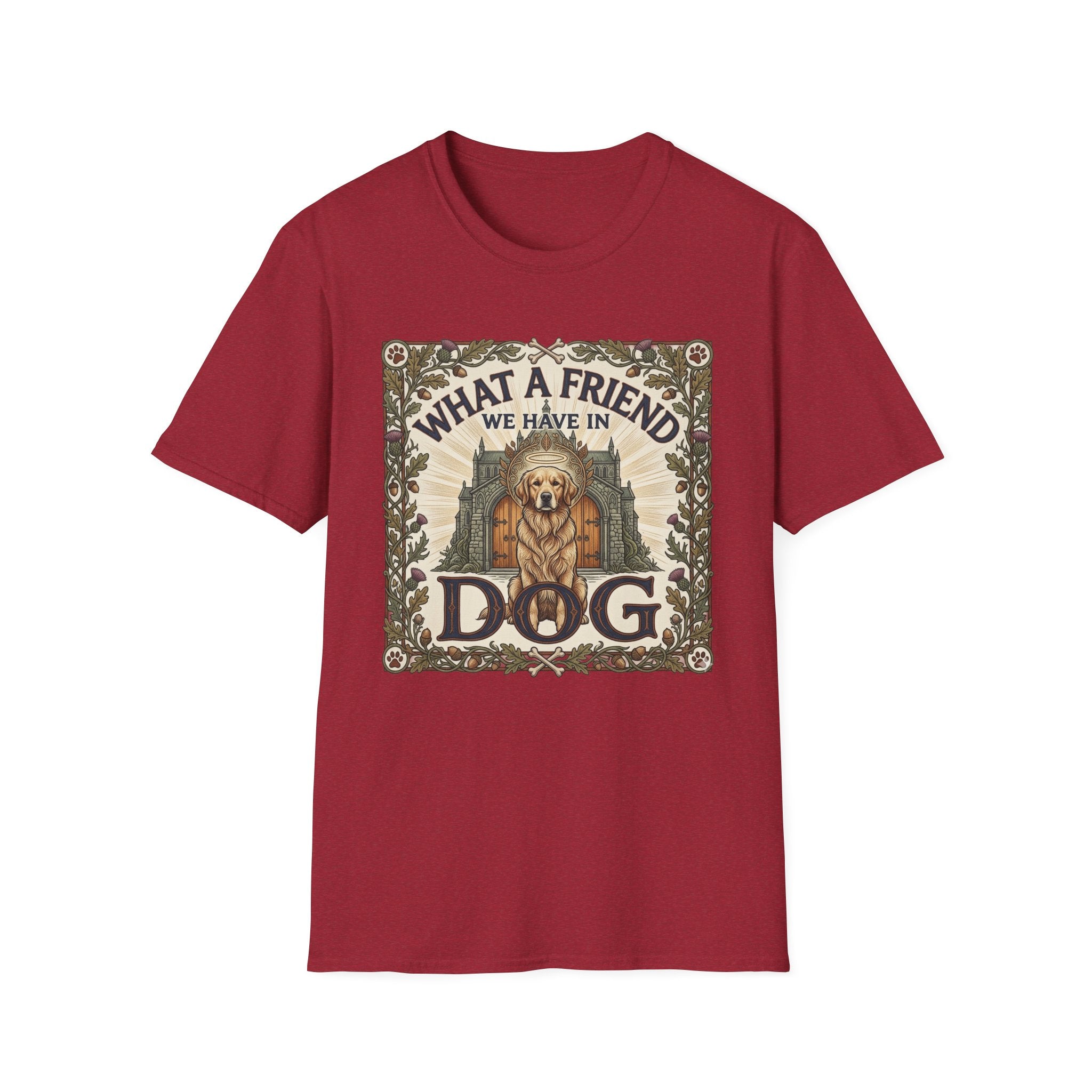 What a Friend We Have in Dog T-Shirt flat lay, cardinal red shirt featuring a vintage botanical-framed graphic of a golden retriever with a halo seated before a cathedral archway with the text 'What a Friend We Have in Dog.'