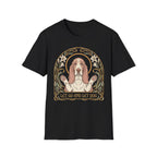 Let Go Let Dog Basset Hound T-Shirt in black, flat lay, featuring an Art Nouveau-style oval frame with floral motifs and a serene basset hound raising both paws with the text 'Let Go and Let Dog'.