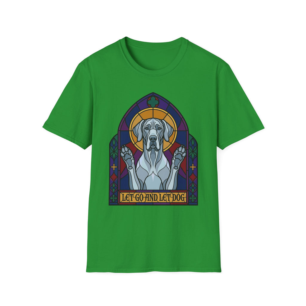 Let Go Let Dog Great Dane T-Shirt, flat lay on green tee featuring a stained-glass style Great Dane depicted as a spiritual figure with paws raised in a Gothic arch and the text Let Go and Let Dog.