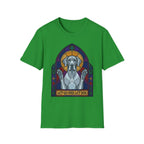 Let Go Let Dog Great Dane T-Shirt, flat lay on green tee featuring a stained-glass style Great Dane depicted as a spiritual figure with paws raised in a Gothic arch and the text Let Go and Let Dog.