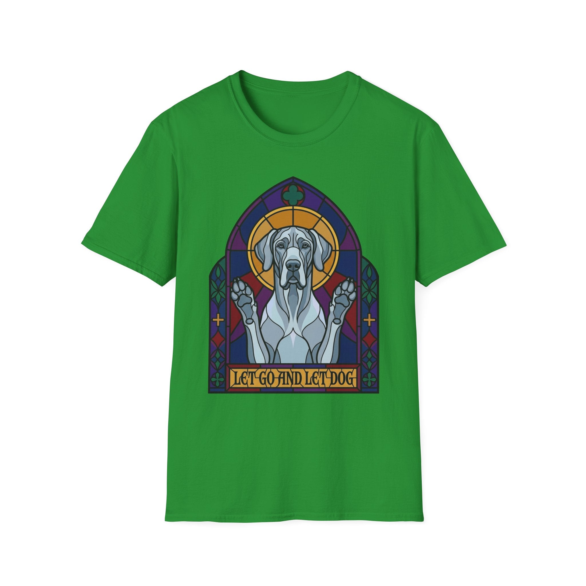 Let Go Let Dog Great Dane T-Shirt, flat lay on green tee featuring a stained-glass style Great Dane depicted as a spiritual figure with paws raised in a Gothic arch and the text Let Go and Let Dog.