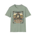 For the Love of Dog Great Dane T-Shirt flat lay in sage green featuring a crowned Great Dane seated on a throne in a vintage illustration with an ornate thorn and bone border, "For the Love of Dog" banner below.