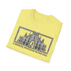 A Mighty Fortress is Our Dog T-Shirt folded view in yellow showing the gothic cathedral graphic with dog in doorway and ornate border.