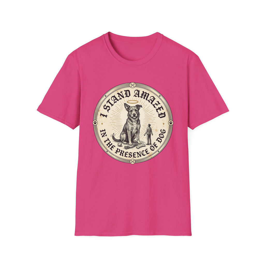 I Stand Amazed Rescue Mutt T-Shirt in hot pink, flat lay front view featuring a vintage-style circular graphic of a halo-wearing mixed-breed rescue dog with the text 'I Stand Amazed in the Presence of Dog.'