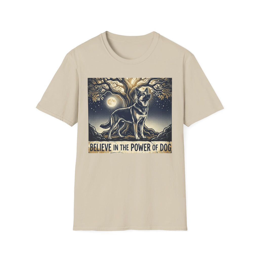 Believe in the Power of Dog German Shepherd T-shirt flat lay in natural sand, featuring a vintage-style illustration of a German Shepherd standing under a moonlit tree with the text "Believe in the Power of Dog."