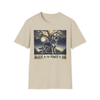 Believe in the Power of Dog German Shepherd T-shirt flat lay in natural sand, featuring a vintage-style illustration of a German Shepherd standing under a moonlit tree with the text "Believe in the Power of Dog."