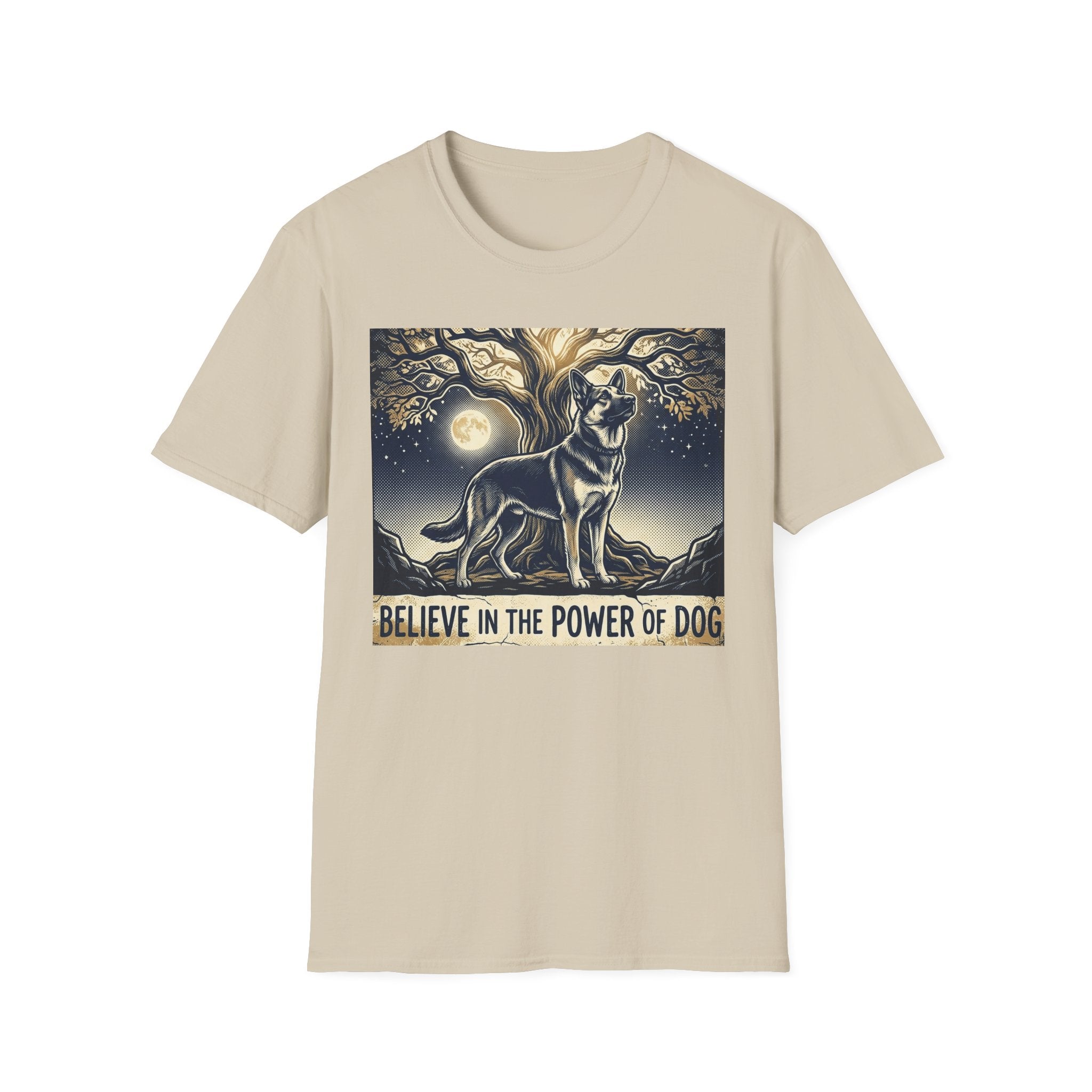 Believe in the Power of Dog German Shepherd T-shirt flat lay in natural sand, featuring a vintage-style illustration of a German Shepherd standing under a moonlit tree with the text "Believe in the Power of Dog."