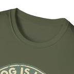 Dog is Love T-Shirt close-up detail of the collar and top of the vintage circular badge graphic on a military green shirt.