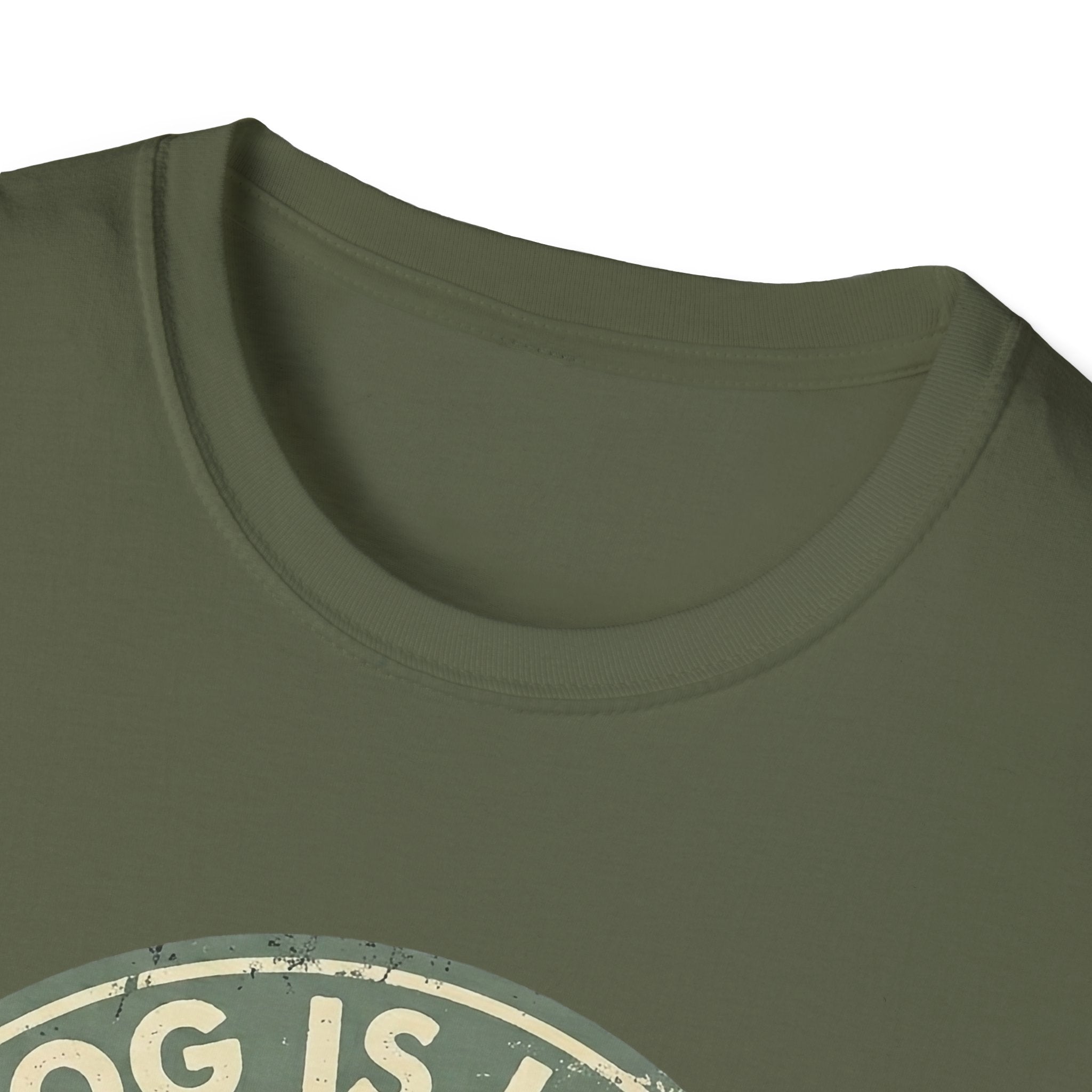 Dog is Love T-Shirt close-up detail of the collar and top of the vintage circular badge graphic on a military green shirt.