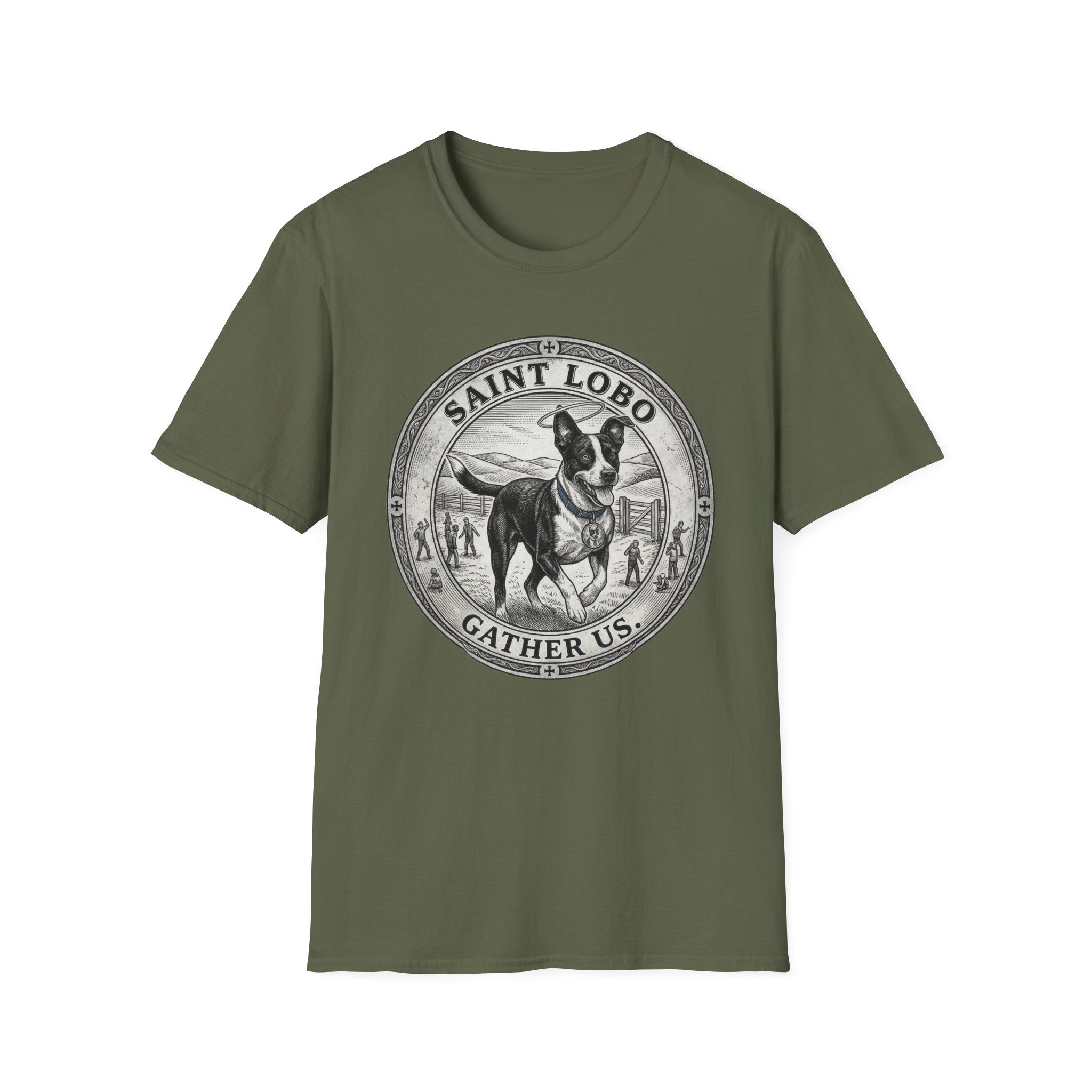 Saint Lobo Gather Us T-Shirt flat lay in military green, featuring a vintage medallion graphic of a leaping border collie-style dog with a halo, surrounded by the text 'Saint Lobo — Gather Us.'