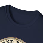 I Stand Amazed Golden Retriever T-Shirt close-up of the neckline on a navy shirt, showing the top arc of the circular golden retriever graphic.
