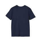 Saint Pretzel Forgive Us T-Shirt plain back view on navy blue shirt showing the unprinted reverse side of the tee.