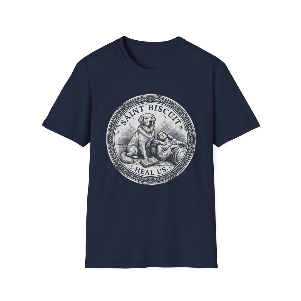 Saint Biscuit Heal Us T-shirt flat lay in navy blue, featuring a vintage-style medallion graphic of a golden retriever dog watching over a reclining figure with the text 'Saint Biscuit Heal Us'.