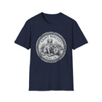 Saint Biscuit Heal Us T-shirt flat lay in navy blue, featuring a vintage-style medallion graphic of a golden retriever dog watching over a reclining figure with the text 'Saint Biscuit Heal Us'.