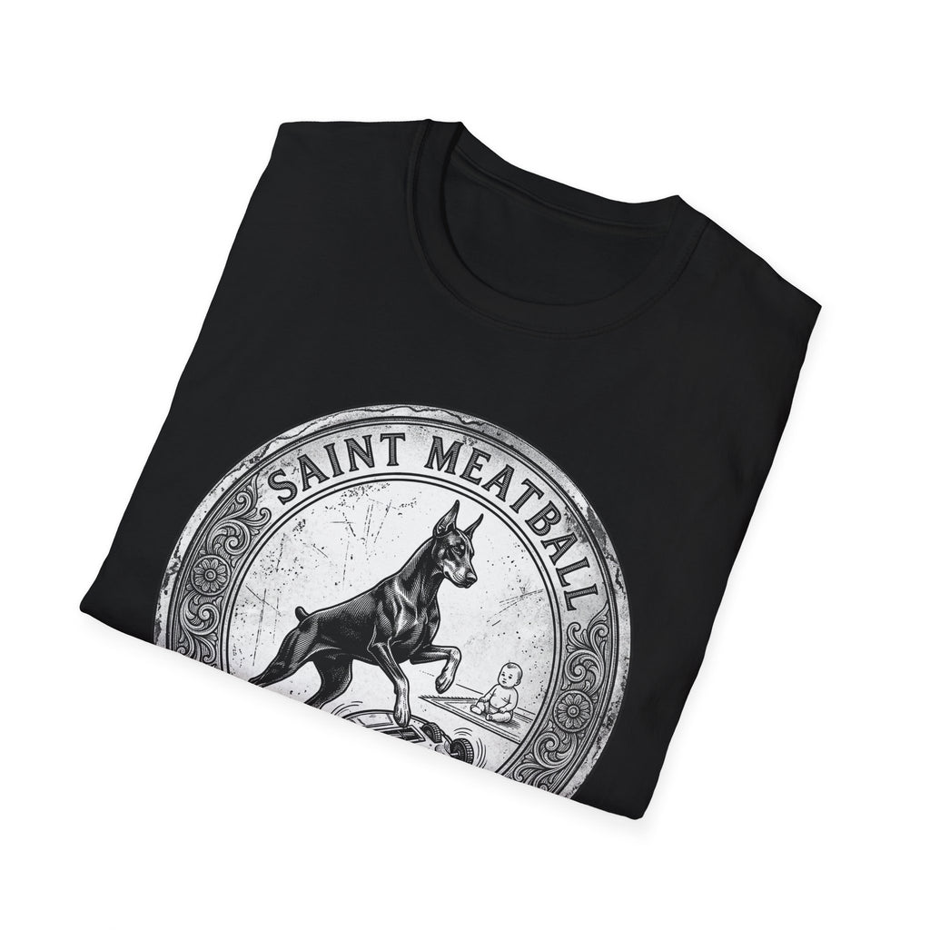 Saint Meatball Defend Us T-Shirt folded flat lay on black shirt showing the Doberman saint medallion design.
