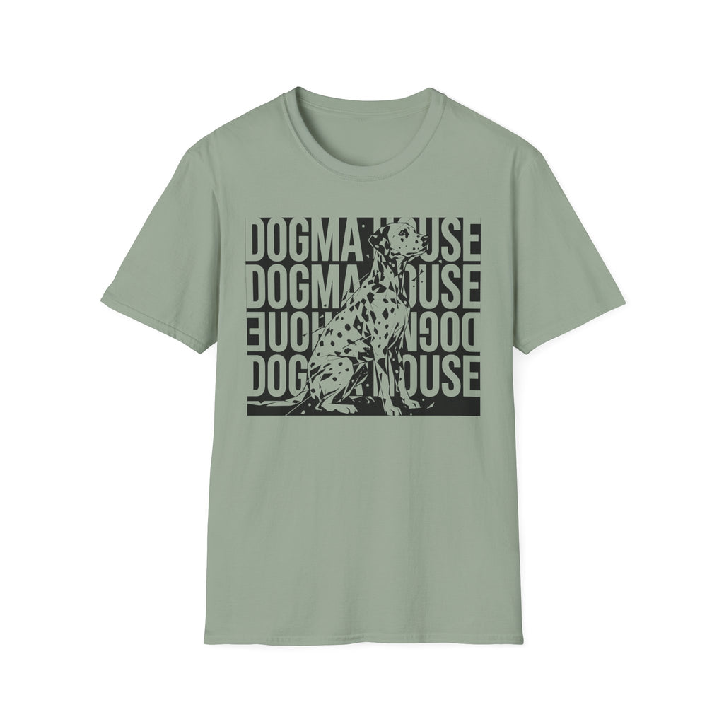 Dogma House Dalmatian T-Shirt flat lay in sage green, featuring a tonal dark green graphic of a seated Dalmatian overlaid on a repeating 'Dogma House' text block in a street-art style.