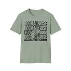 Dogma House Dalmatian T-Shirt flat lay in sage green, featuring a tonal dark green graphic of a seated Dalmatian overlaid on a repeating 'Dogma House' text block in a street-art style.